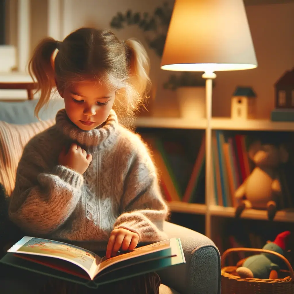 DALL·E 2025 02 17 18.44.02 A young Caucasian girl sitting on a cozy chair, deeply engrossed in a colorful storybook. She has blonde hair in pigtails and wears a soft sweater. A
