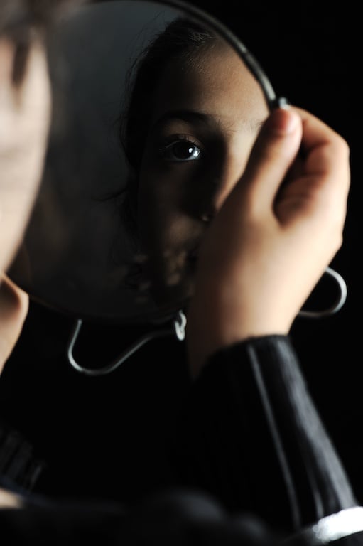 Little girl looking herself in the mirror StF p8pHo